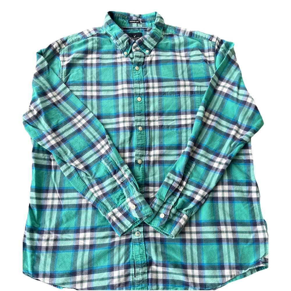 American Eagle Outfitters Mens Size XXL Blue+Jade Green Plaid Buttondown Shirt
